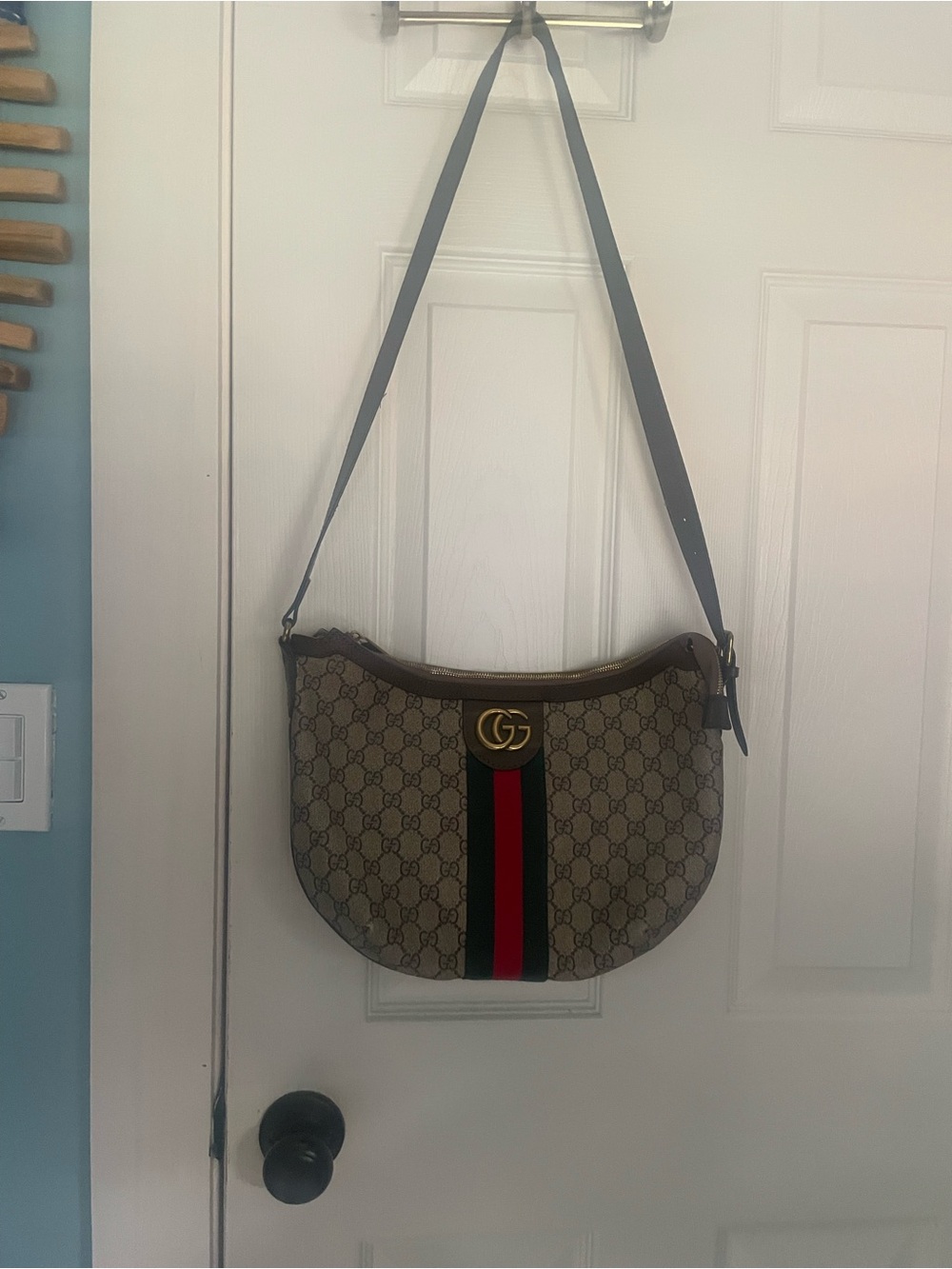 Gucci Brown GG Canvas Shoulder Bag with Green & Red Stripe